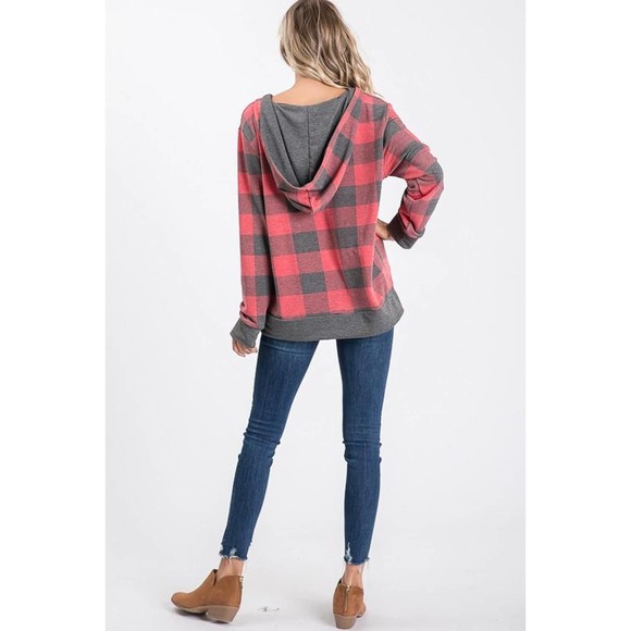 NWT!! Red & Gray Plaid V-Neck Hooded Top - Picture 9 of 9